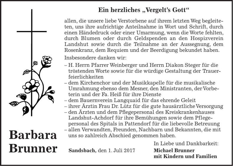 Traueranzeige Barbara Brunner