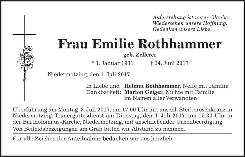 Traueranzeige Emilie Rothhammer