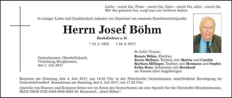 Traueranzeige Josef Böhm