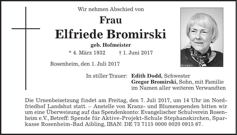Traueranzeige Elfriede Bromirski
