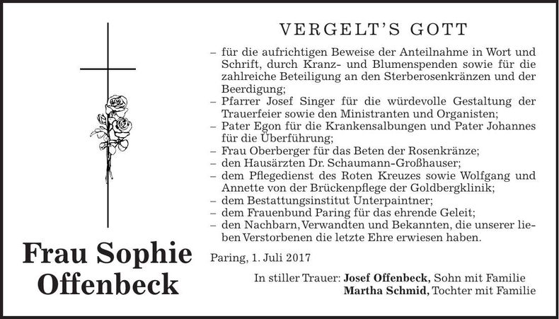 Traueranzeige Sophie Offenbeck