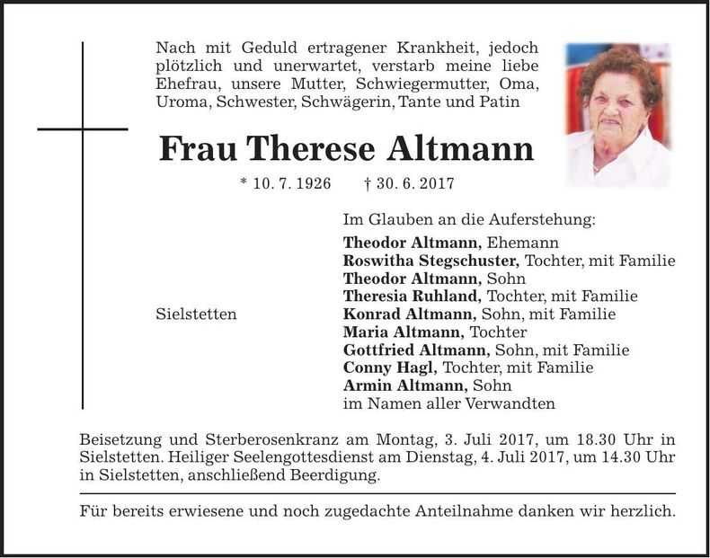 Traueranzeige Therese Altmann