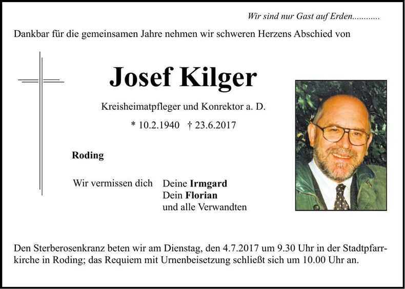 Traueranzeige Josef Kilger