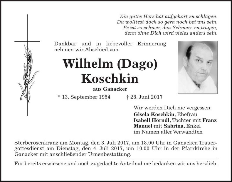 Traueranzeige Wilhelm (Dago) Koschkin