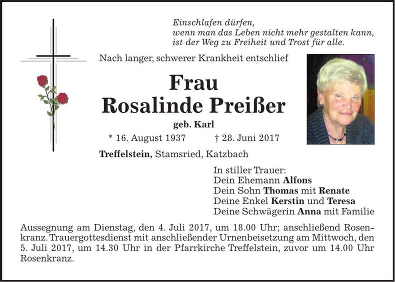Traueranzeige Rosalinde Preißer