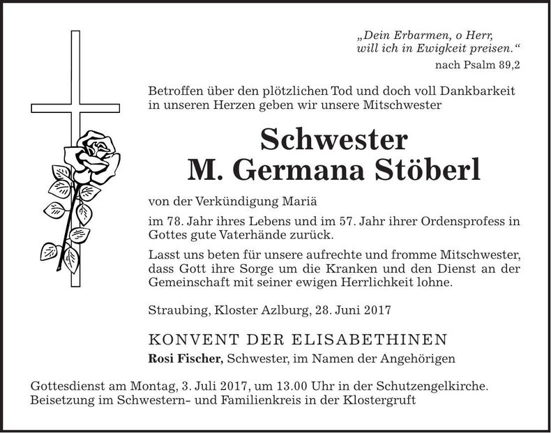 Traueranzeige Schwester M. Germana Stöberl