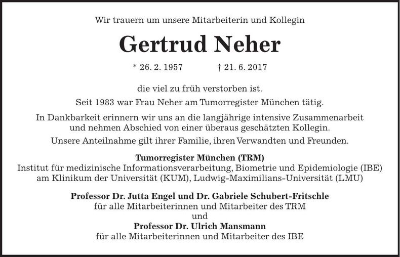 Traueranzeige Gertrud Neher
