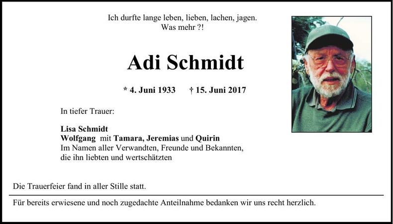 Traueranzeige Adi Schmidt