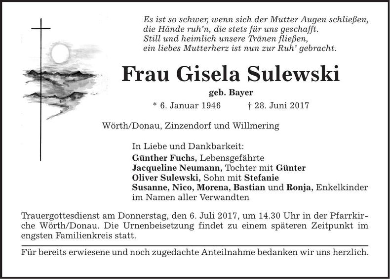 Traueranzeige Gisela Sulewski