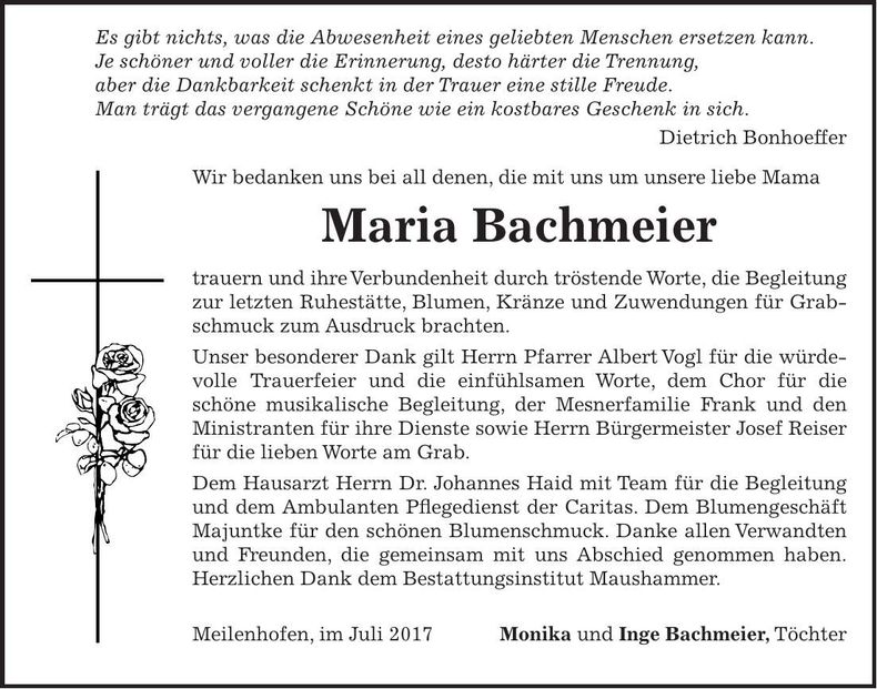 Traueranzeige Maria Bachmeier