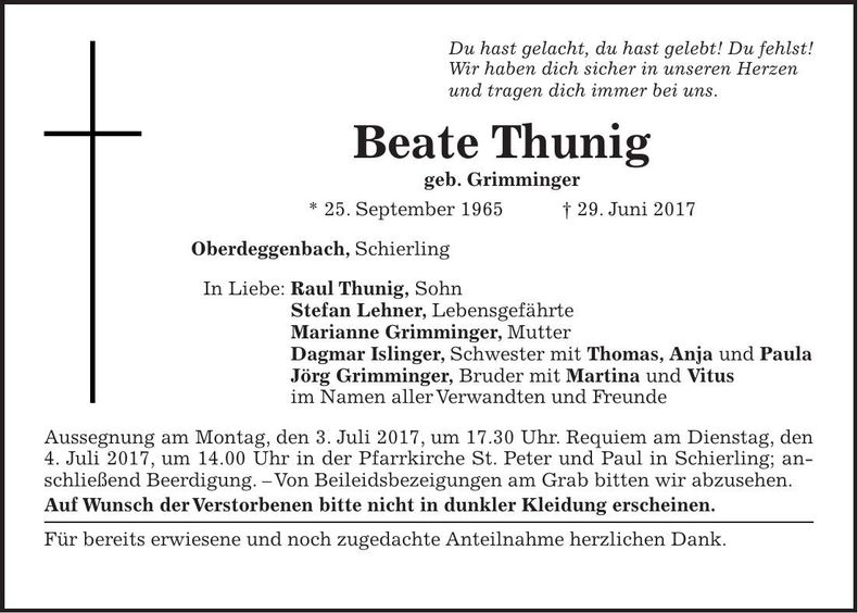 Traueranzeige Beate Thunig
