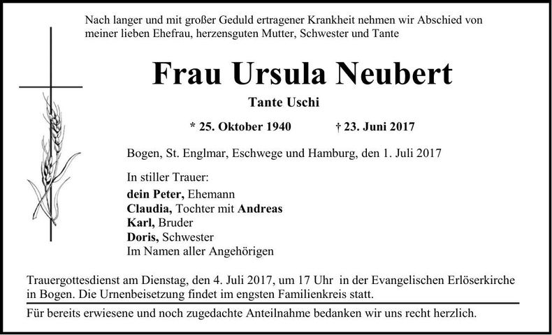 Traueranzeige Ursula Neubert