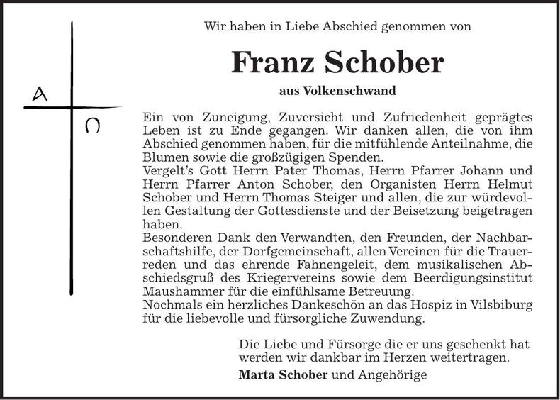 Traueranzeige Franz Schober
