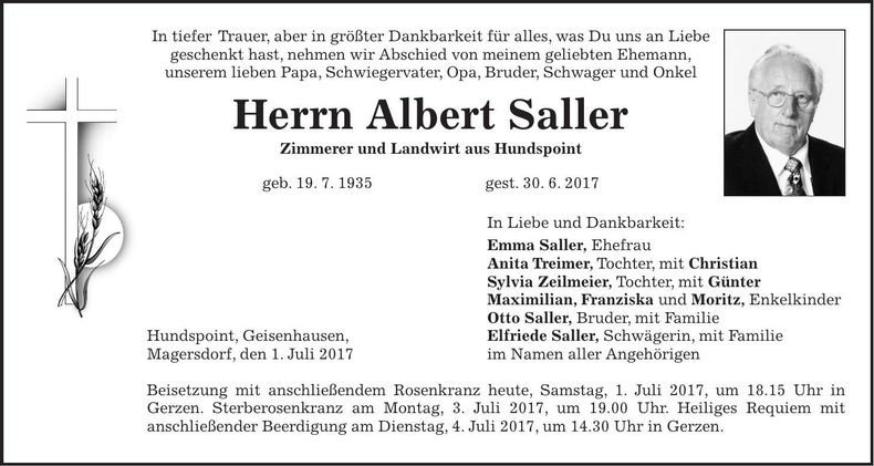 Traueranzeige Albert Saller