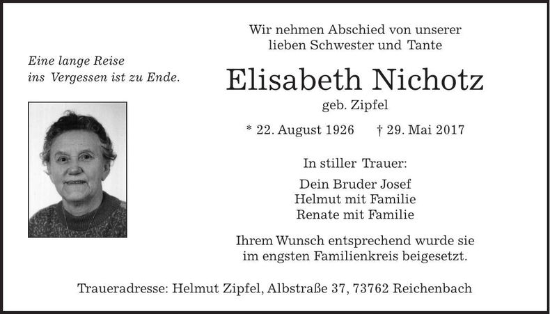 Traueranzeige Elisabeth Nichotz