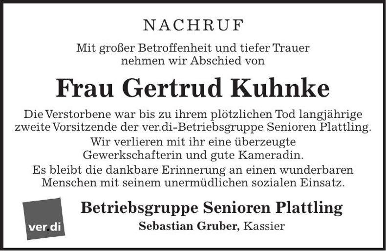 Traueranzeige Gertrud Kuhnke