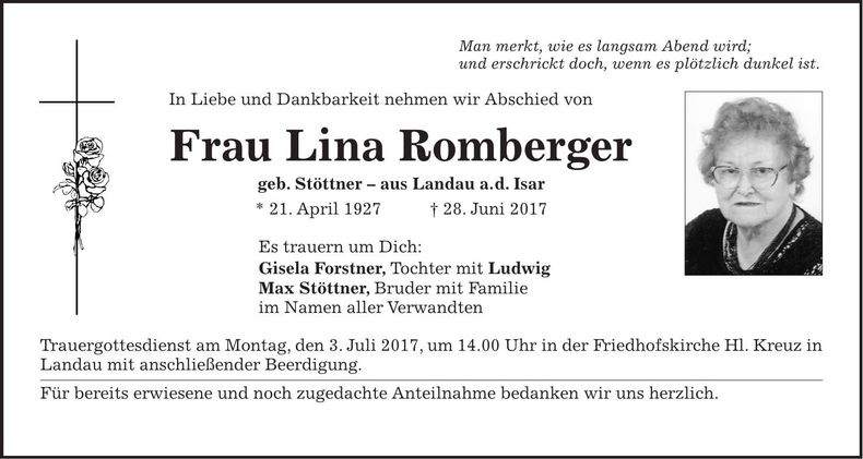 Traueranzeige Lina Romberger