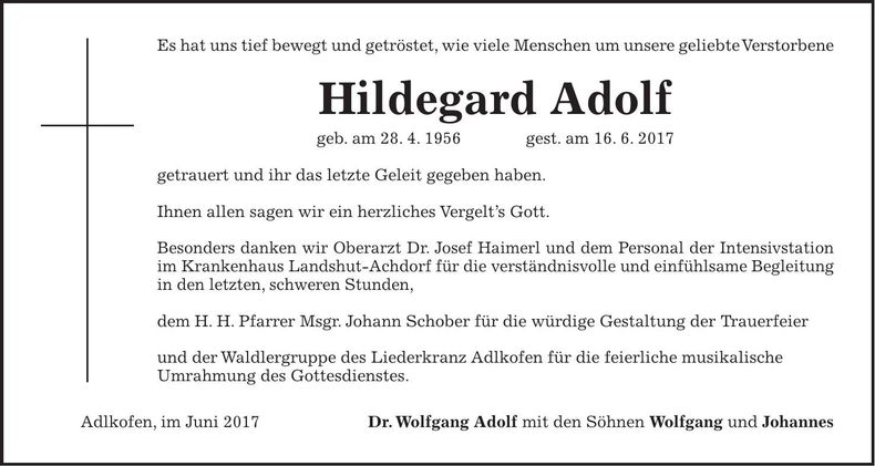 Traueranzeige Hildegard Adolf