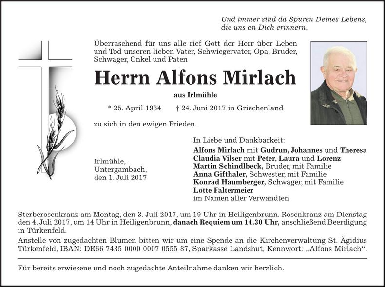 Traueranzeige Alfons Mirlach