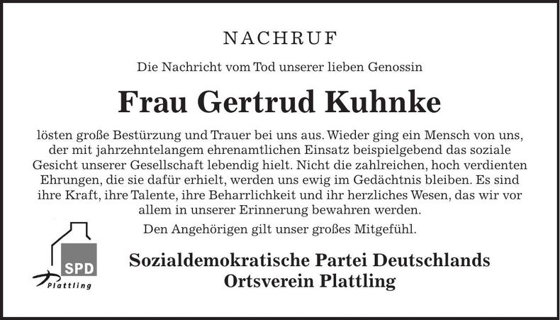 Traueranzeige Gertrud Kuhnke
