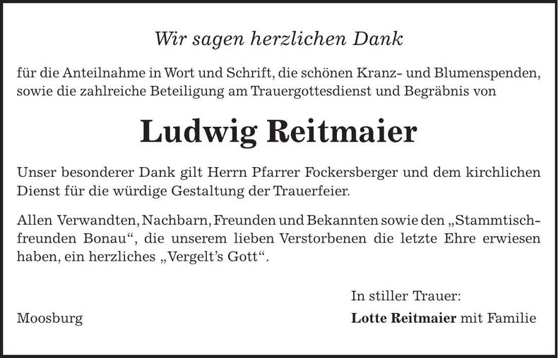 Traueranzeige Ludwig Reitmaier