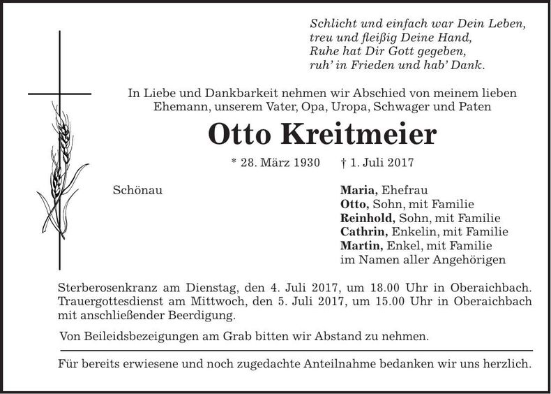 Traueranzeige Otto Kreitmeier