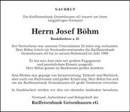 Traueranzeige Josef Böhm