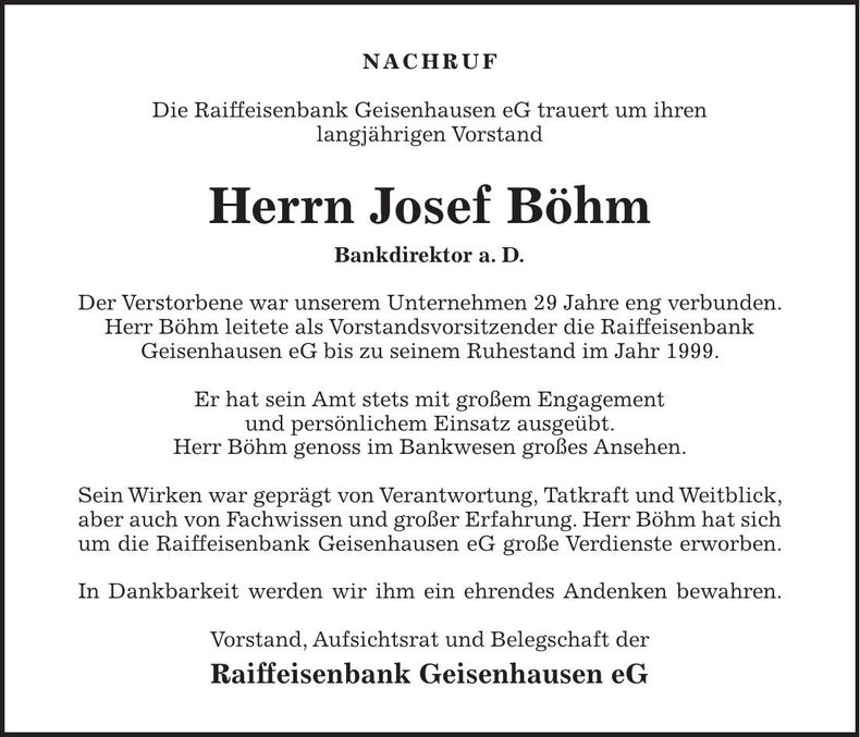 Traueranzeige Josef Böhm