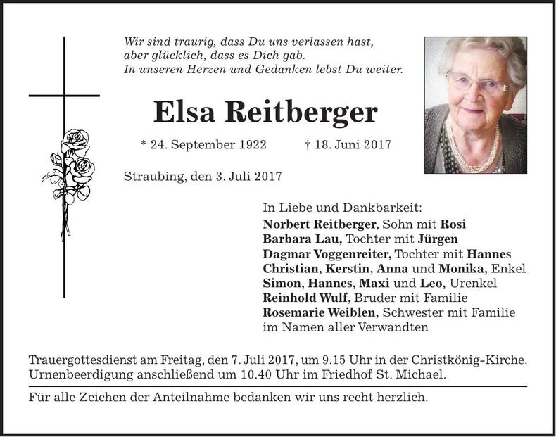 Traueranzeige Elsa Reitberger