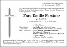 Traueranzeige Emilie Forstner