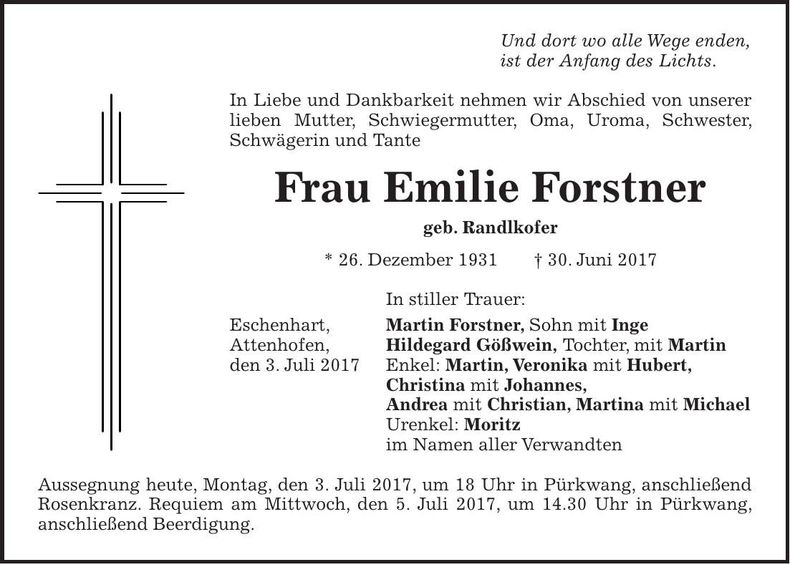 Traueranzeige Emilie Forstner