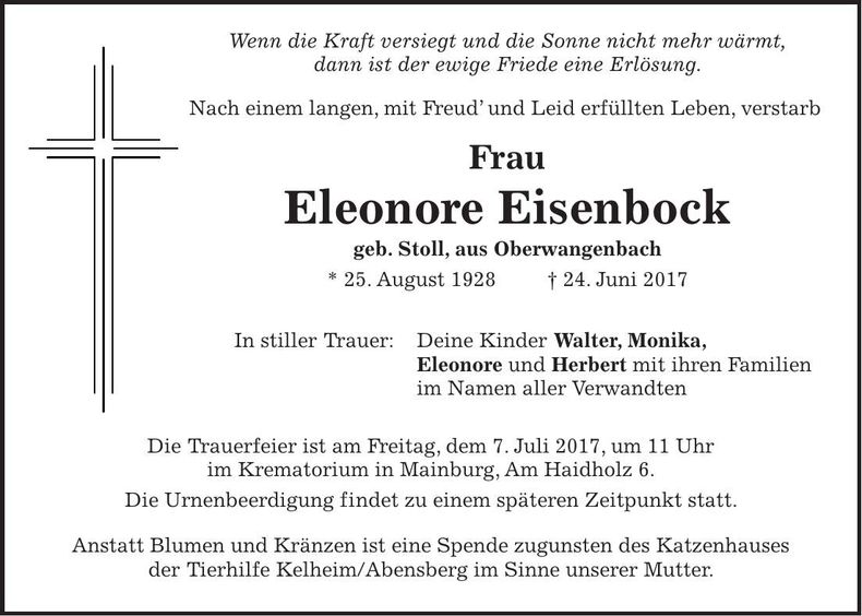 Traueranzeige Eleonore Eisenbock