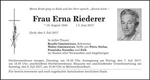 Traueranzeige Erna Riederer