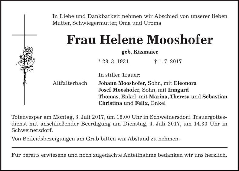 Traueranzeige Helene Mooshofer