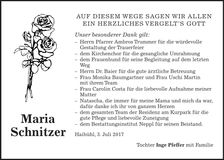 Traueranzeige Maria Schnitzer