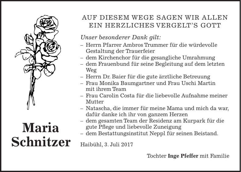 Traueranzeige Maria Schnitzer