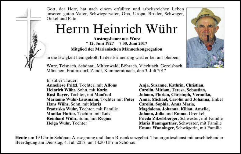Traueranzeige Wühr Heinrich