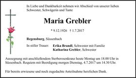 Traueranzeige Maria Grebler
