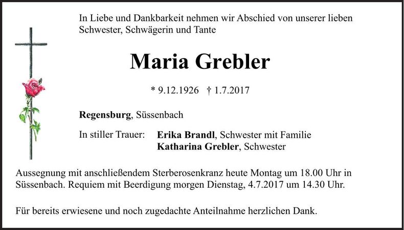 Traueranzeige Maria Grebler