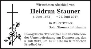 Traueranzeige Heidrun Stauner