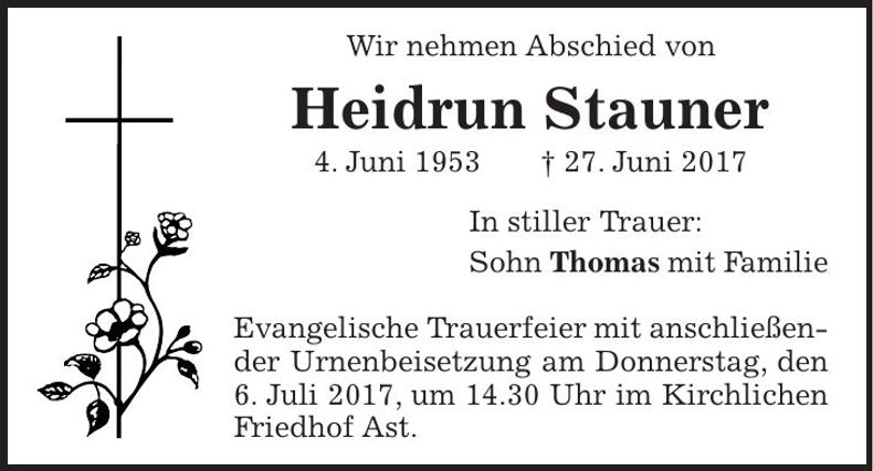 Traueranzeige Heidrun Stauner