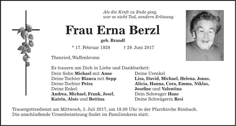 Traueranzeige Erna Berzl