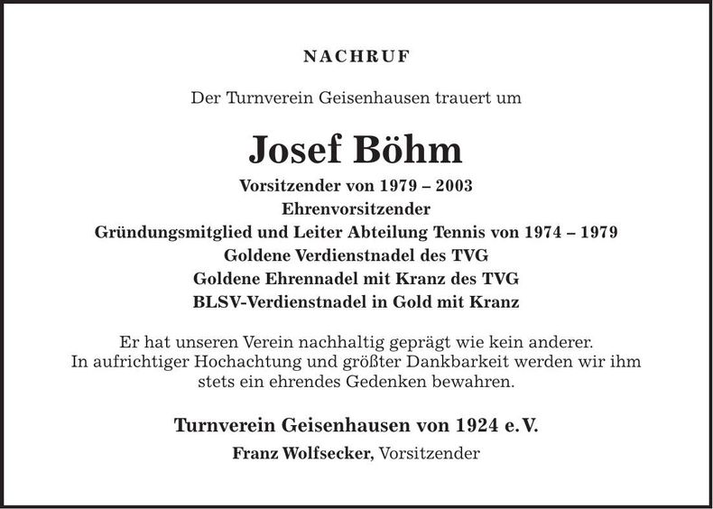 Traueranzeige Josef Böhm
