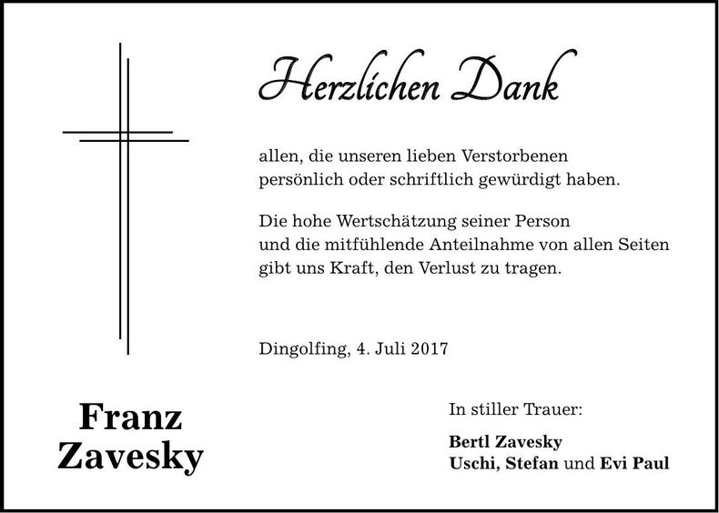 Traueranzeige Franz Zavesky