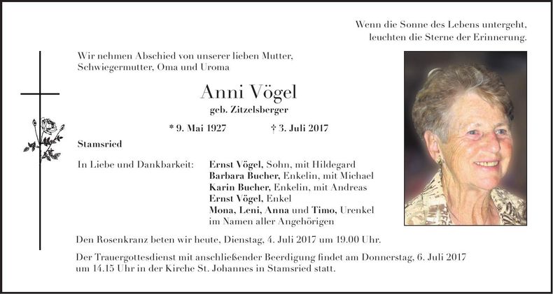 Traueranzeige Anni Vögel