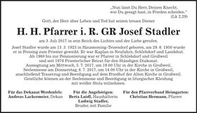 Traueranzeige Josef Stadler