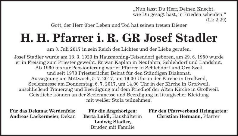 Traueranzeige Josef Stadler