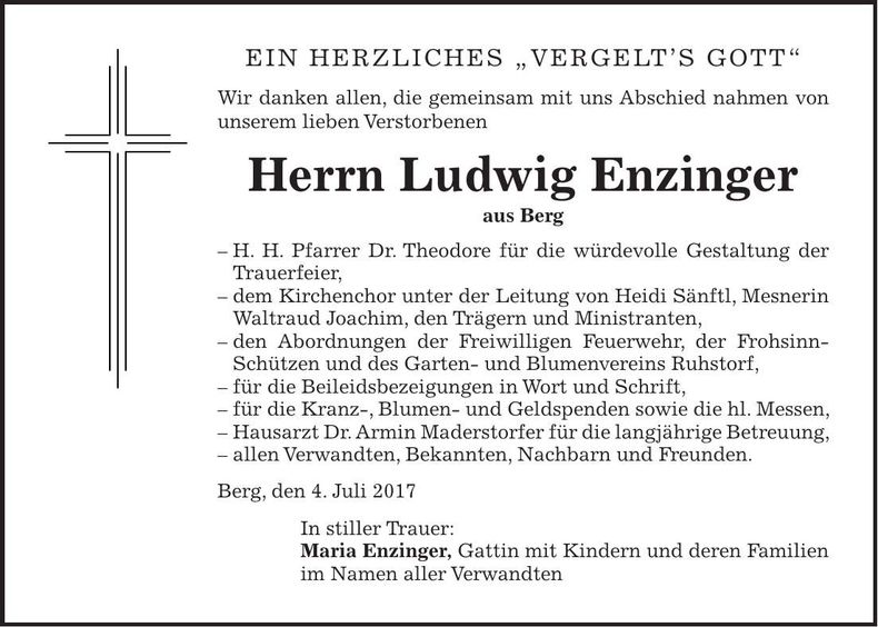 Traueranzeige Ludwig Enzinger