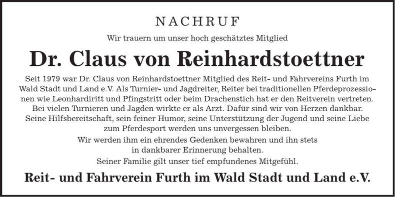 Traueranzeige Claus von Reinhardtstoettner