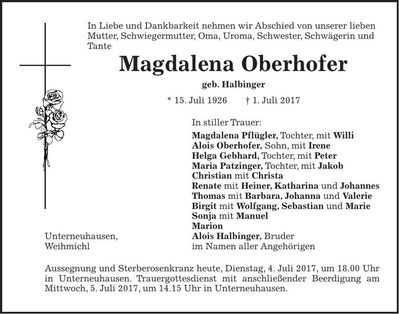 Traueranzeige Magdalena Oberhofer